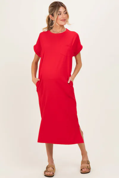 PinkBlush Red Pocket Front Maternity Midi T-Shirt Dress