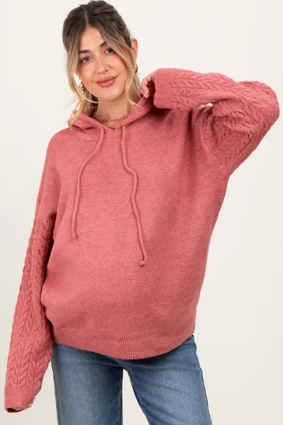 PinkBlush Coral Knit Braided Sleeve Maternity Hoodie