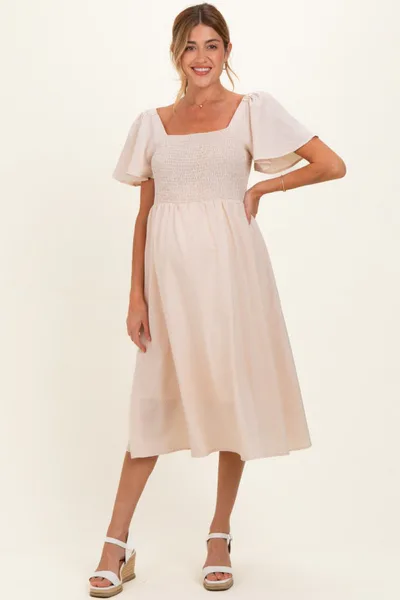 PinkBlush Biege Gingham Smocked Maternity Midi Dress