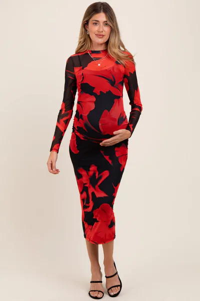 PinkBlush Red Floral Print Mesh Long Sleeve Maternity Maxi Dress