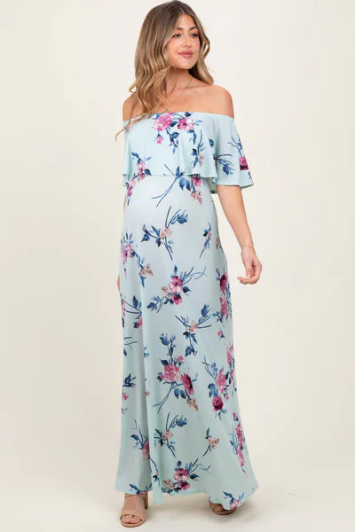PinkBlush Mint Off Shoulder Floral Ruffle Maternity Maxi Dress