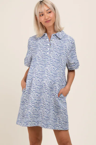 PinkBlush Blue Zebra Print Pocketed Maternity Mini Dress