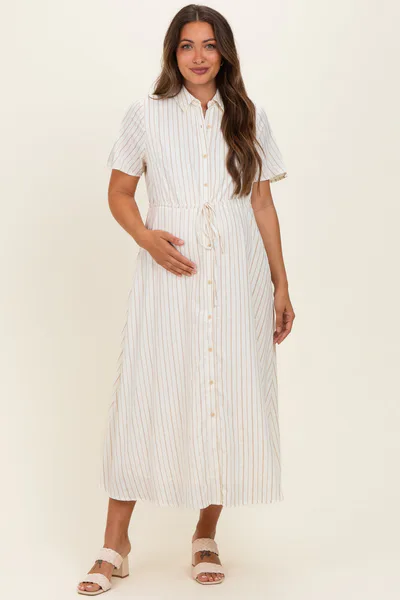 PinkBlush Ivory Striped Waist Tie Maternity Shirt Dress