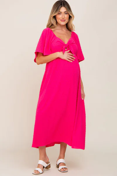 PinkBlush Fuchsia Textured Dot Front Tie Ruffle Sleeve Maternity Midi Dress