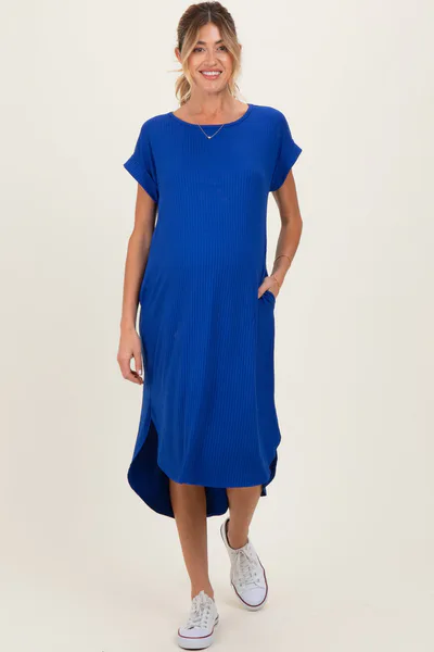 PinkBlush Royal Ribbed Curved Hem Maternity Midi Dress