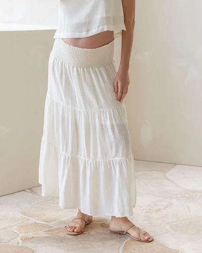 Angel Maternity Ellie Maternity Shirred Maxi Skirt in White