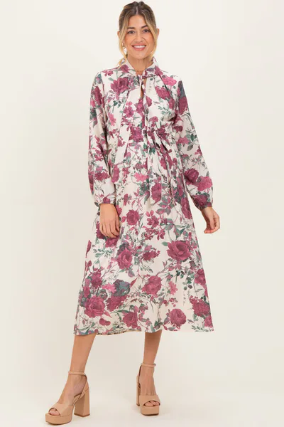 PinkBlush Cream Floral Neck Tie Long Sleeve Maternity Midi Dress