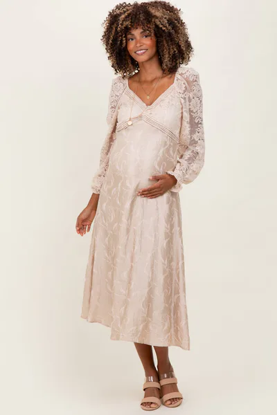 PinkBlush Cream Lace Jacquard Long Sleeve Maternity Midi Dress