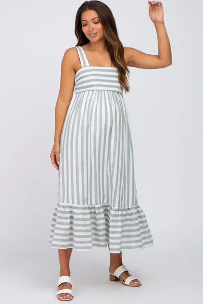PinkBlush Sage Striped Sleeveless Ruffle Hem Maternity Maxi Dress