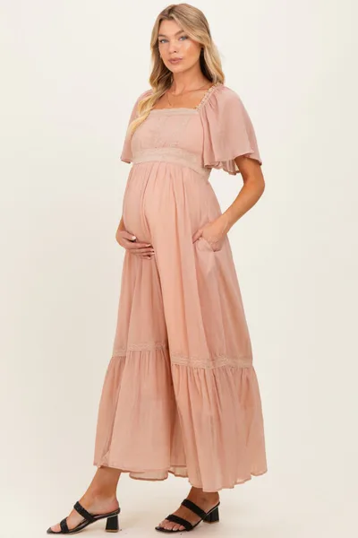 PinkBlush Dusty Pink Lace Accent Flutter Sleeve Maternity Maxi Dress