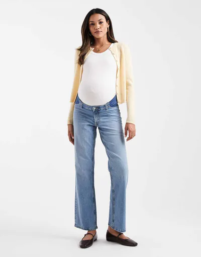 ASOS comfort stretch straight leg jeans in light mid blue