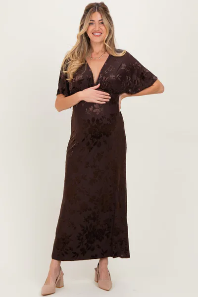 PinkBlush Brown Floral Velvet V-Neck Short Sleeve Maternity Maxi Dress