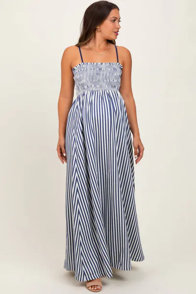 PinkBlush Navy Striped Sleeveless Smocked Poplin Maternity Maxi Dress