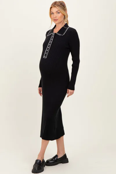 PinkBlush Black Contrast Stitch Maternity Midi Sweater Dress