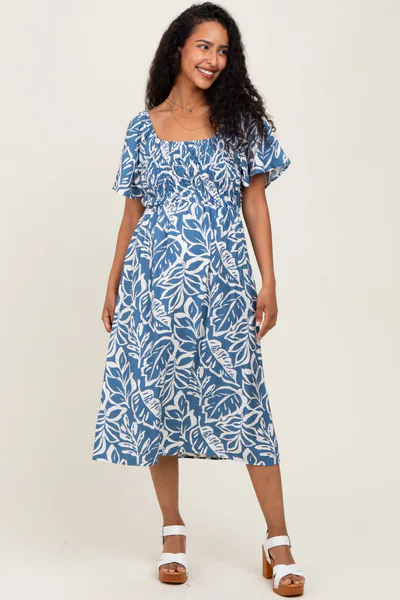 PinkBlush Light Navy Leaf Print Smocked Maternity Midi Dress