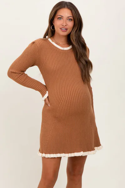 PinkBlush Camel Ribbed Knit Contrast Ruffle Trim Maternity Mini Dress