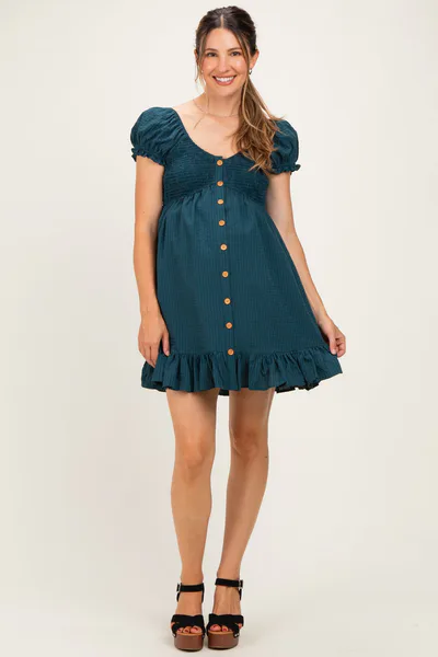 PinkBlush Dark Green Gingham Button Accent Maternity Mini Dress