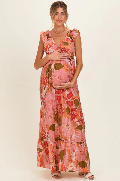 PinkBlush Pink Floral V-Neck Tiered Maternity Maxi Dress