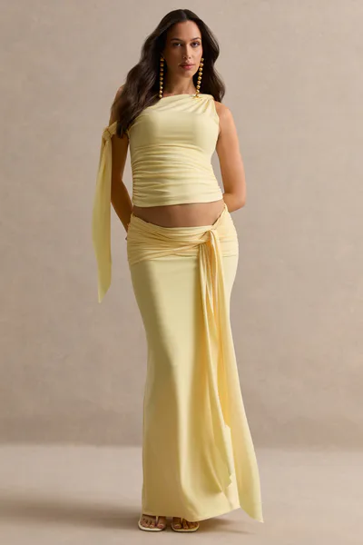 Club L London Cataleya | Lemon Maternity Low Rise Maxi Skirt With Sash Detailing