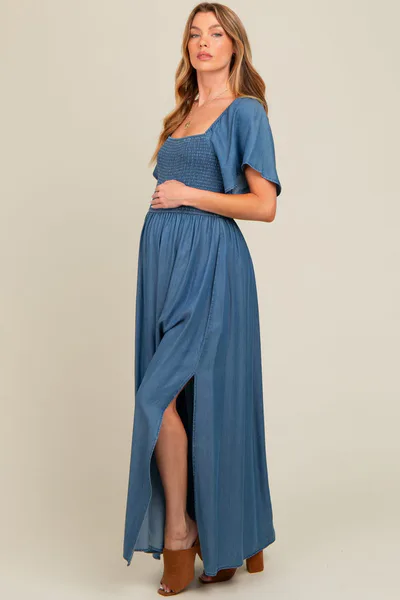 PinkBlush Blue Chambray Smocked Maternity Maxi Dress