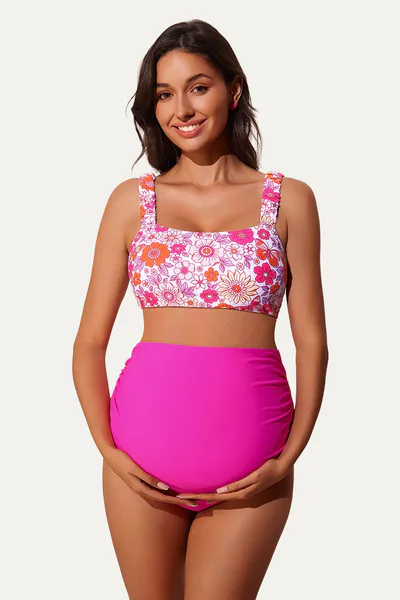 Summer Mae Floral Ribbed Maternity Bikini Set with Stylish Crop Top