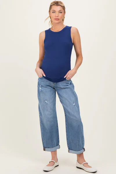PinkBlush Blue Distressed Cuffed Ankle Barrel Leg Maternity Jeans