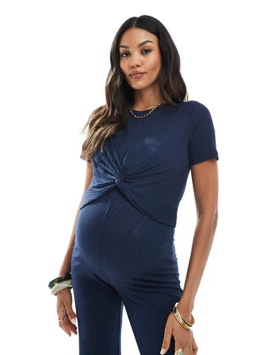 ASOS Mamalicious Maternity ribbed jersey cropped t-shirt in navy - part of a set