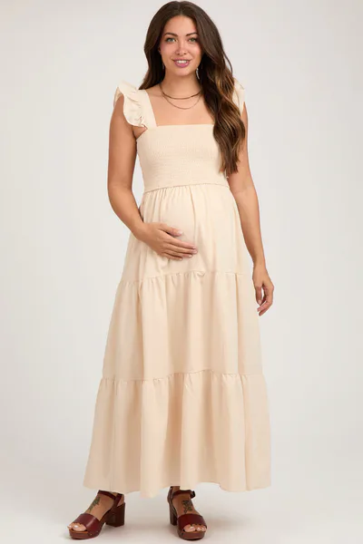 PinkBlush Taupe Sleeveless Smocked Tiered Maternity Maxi Dress