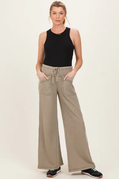 PinkBlush Olive Mineral Wash Waffle Knit Wide Leg Maternity Pants