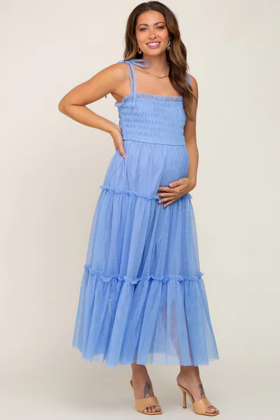 PinkBlush Light Blue Smocked Mesh Maternity Midi Dress