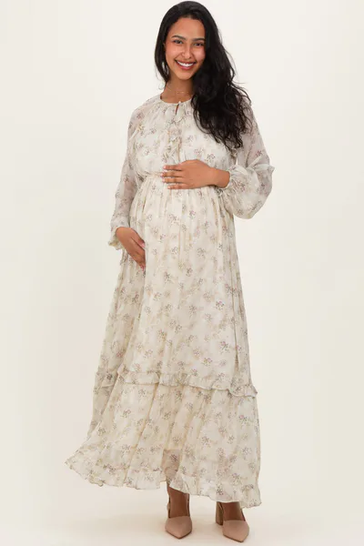 PinkBlush Cream Floral Chiffon Ruffle Detail Maternity Maxi Dress