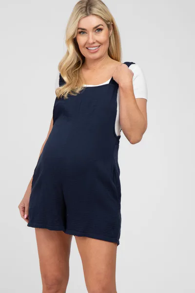 PinkBlush Navy Blue Square Neck Elastic Strap Maternity Romper