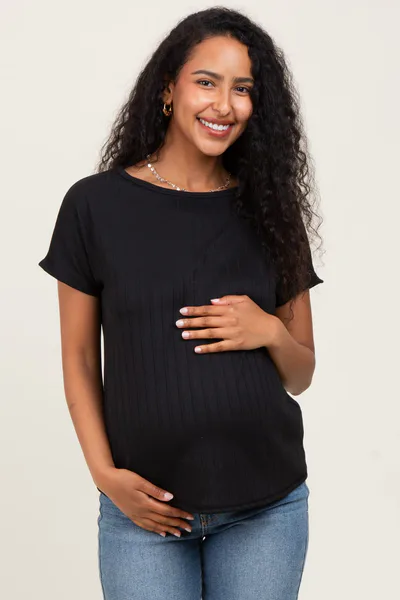 PinkBlush Black Ribbed Relaxed Maternity Tee