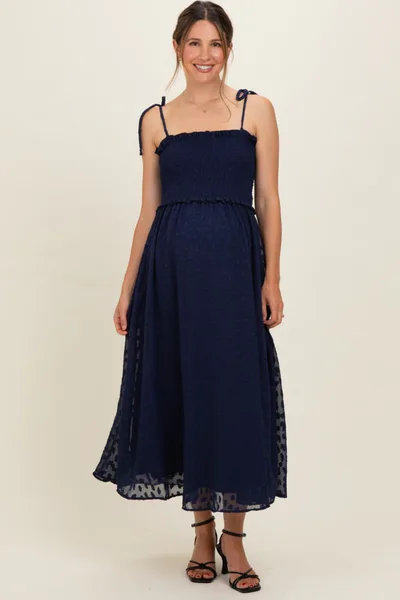 PinkBlush Navy Shoulder Tie Maternity Midi Dress