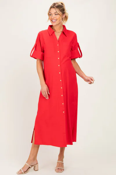 PinkBlush Red Side Slit Button Down Maternity Midi Dress