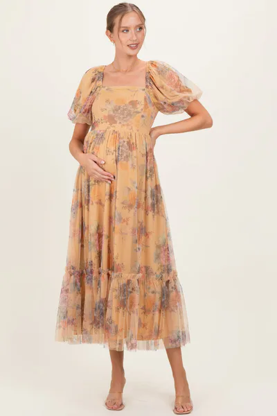 PinkBlush Yellow Floral Tulle Puff Sleeve Maternity Midi Dress