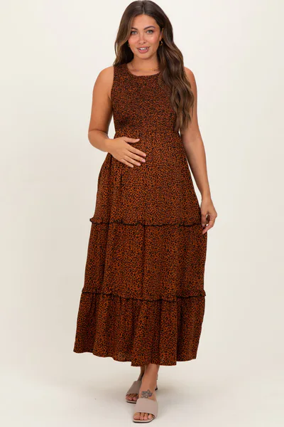 PinkBlush Brown Animal Print Sleeveless Smocked Tiered Maternity Maxi Dress