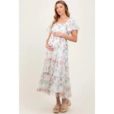 Target Pinkblush Ivory Floral Mesh Smocked Maternity Midi Dress XL