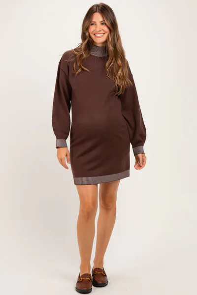 PinkBlush Brown Contrast Mock Neck Maternity Sweater Dress