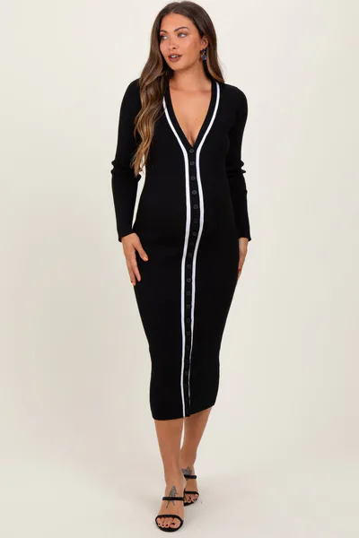 PinkBlush Black Knit Contrast Stripe Button Down Maternity Dress