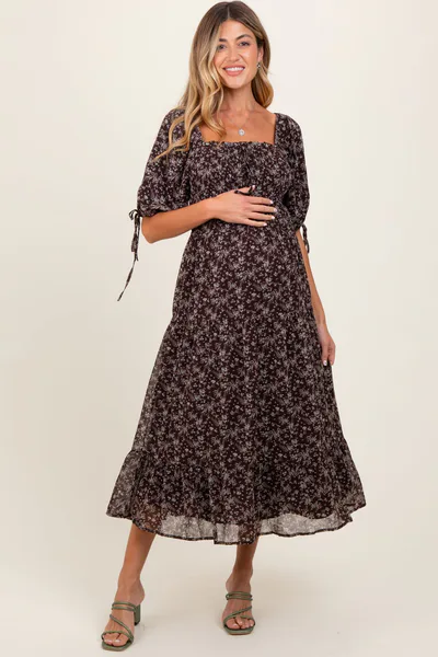 PinkBlush Dark Brown Floral Smocked Sleeve Tie Maternity Midi Dress