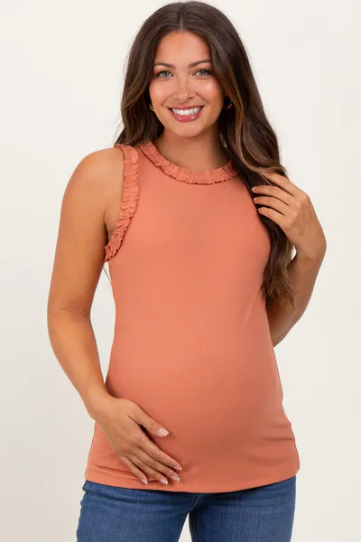 PinkBlush Peach Rib Knit Ruffle Trim Sleeveless Maternity Top