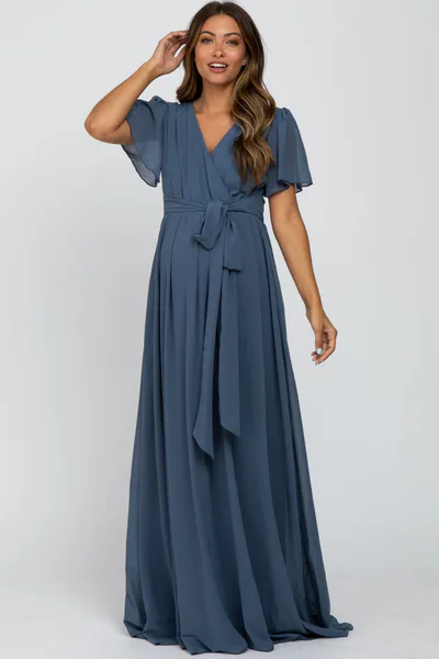 PinkBlush Blue Chiffon Short Sleeve Maternity Maxi Dress