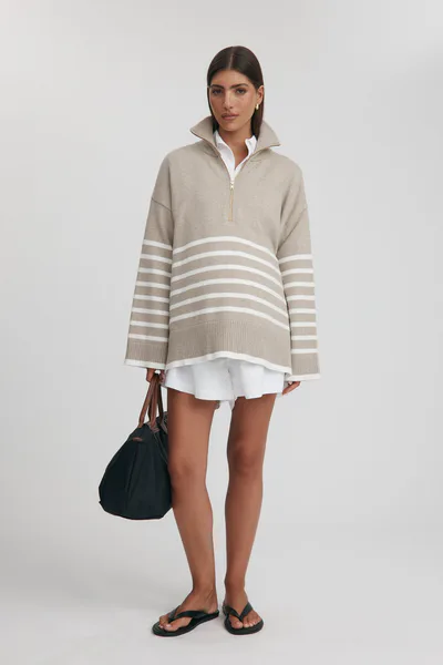 Legoe Heritage Sadie Stripe Knit Jumper (Taupe Marle/Ivory)