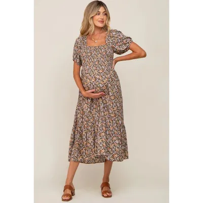 Target Pinkblush Mocha Floral Smocked Puff Sleeve Maternity Midi Dress Large