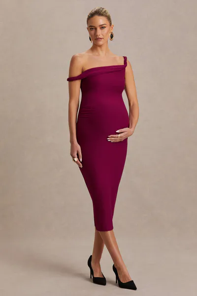 Club L London Salome | Burgundy Twisted Asymmetric Maternity Midi Dress