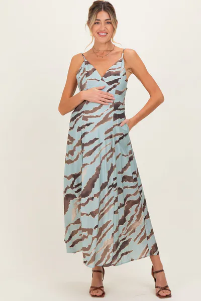 PinkBlush Light Blue Printed Open Tie Back Maternity Maxi Dress