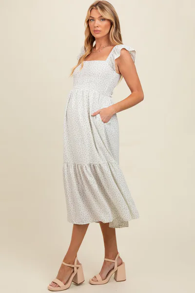 PinkBlush Cream Ruffle Strap Smocked Maternity Mid Dress