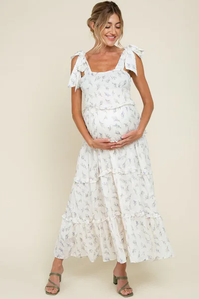 PinkBlush Purple Floral Smocked Tiered Maternity Maxi Dress