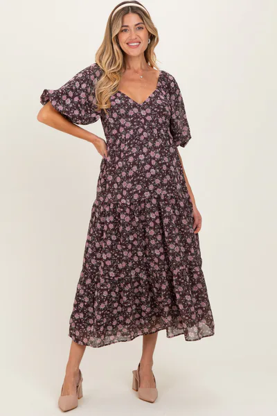 PinkBlush Brown Floral Sweetheart Neckline Puff Sleeve Maternity Maxi Dress